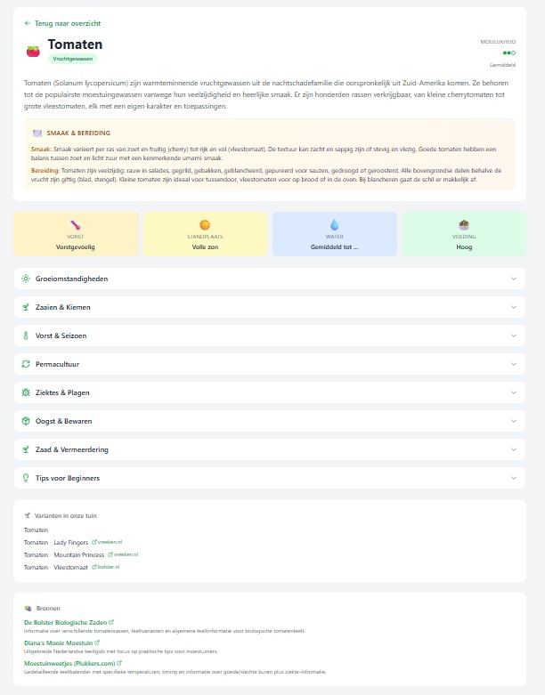 Screenshot van een gewas-detailpagina met smaak, groeiomstandigheden en buren