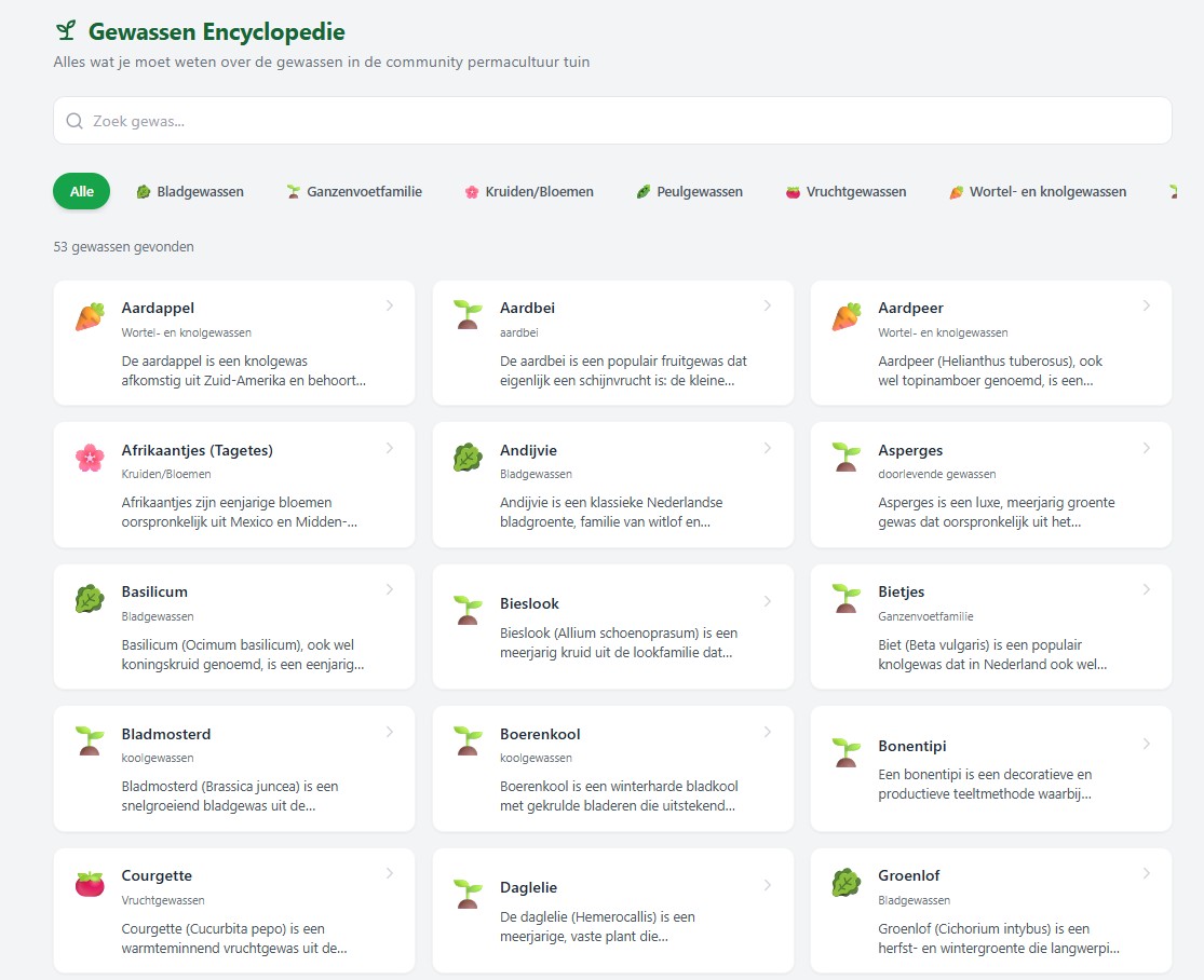 Screenshot van de gewassen-catalogus met zoekveld, filters en overzicht
